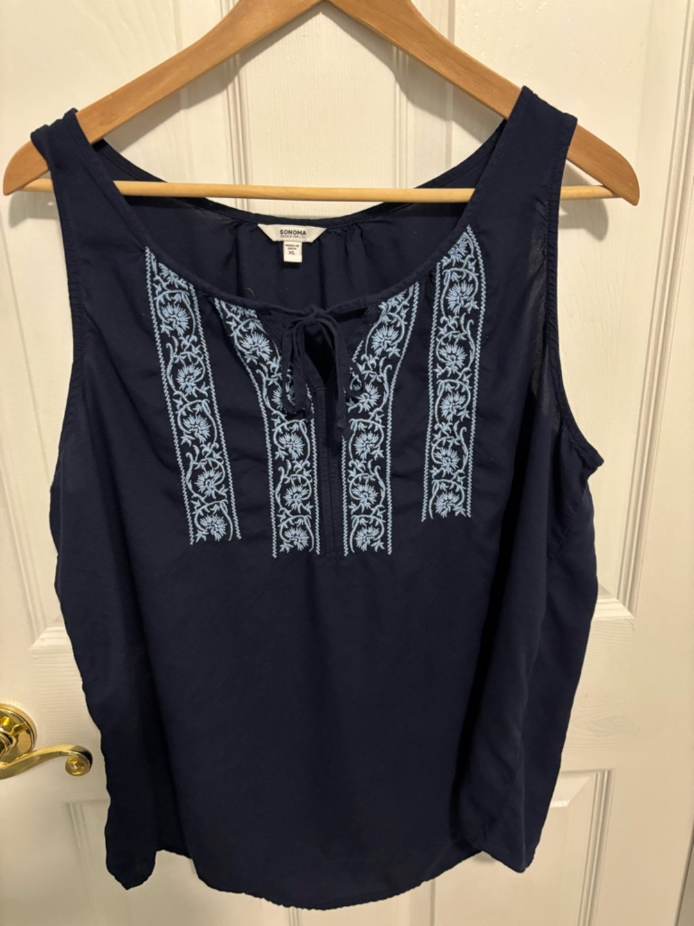 Sonoma Navy Tank Top with Light Blue Embroidery and Front Tie